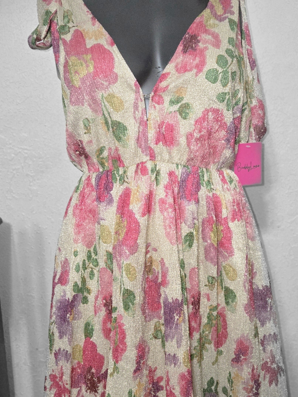 Buddy Love Floral Pink Green Purple Glitter Fit-and-Flare Dress